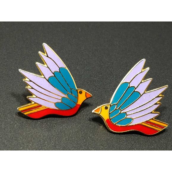 Laurel Burch "Celeste" Bird Earrings, Gold Plated Cloisonne Enamel, 1980s - Picture 7 of 10